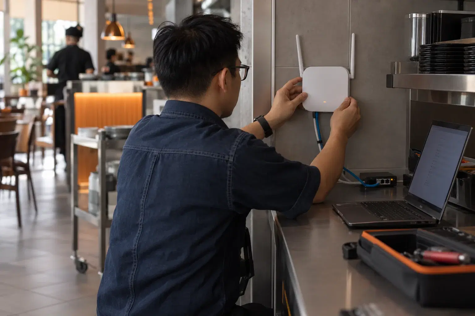 IT technician installing restaurant network equipment