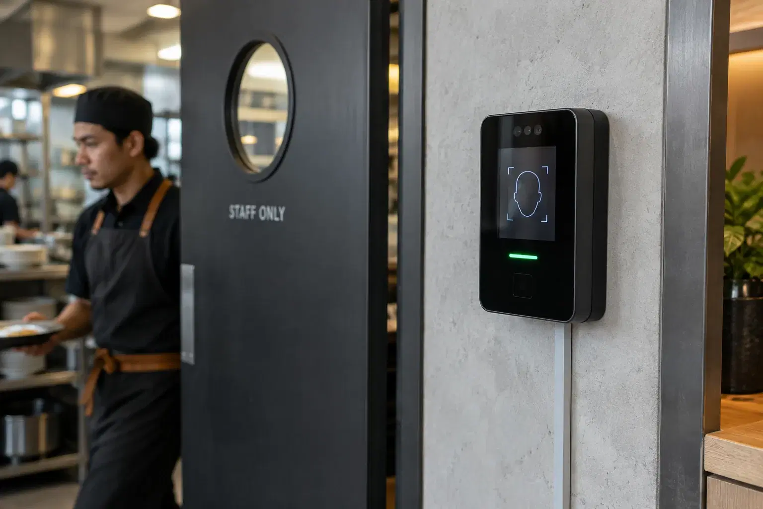 Face recognition attendance device installed beside a restaurant staff doorway