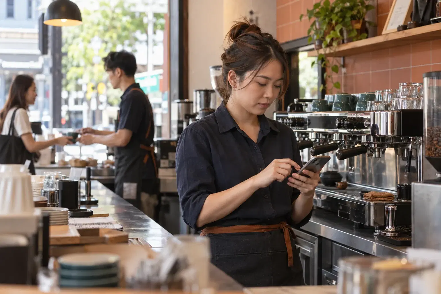 Cafe operations lead following up on a shift through her phone